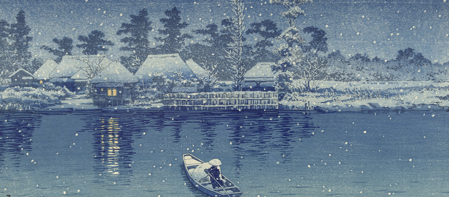 Scenic banner image of a village by the water at dusk